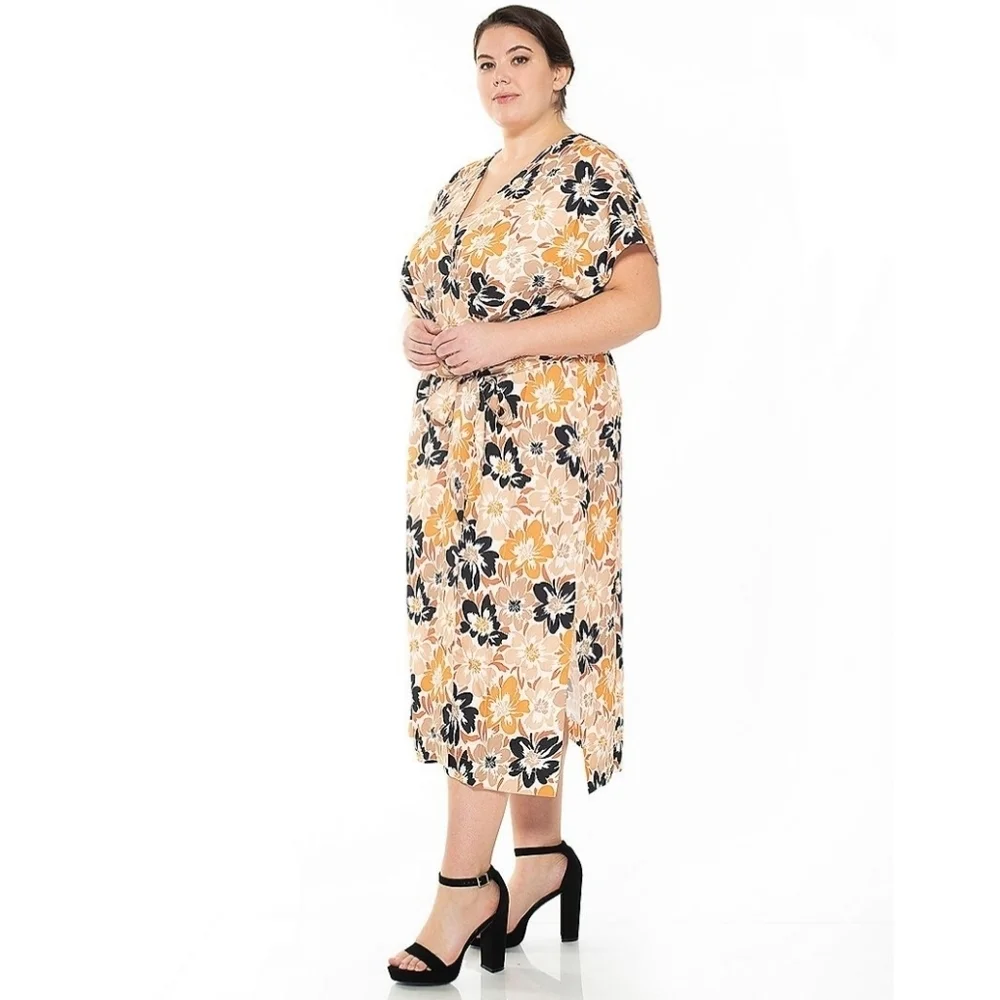 ALEXIA ADMOR | Iris Dolman Sleeve Faux-Wrap Dress in Beige Floral sz 3X